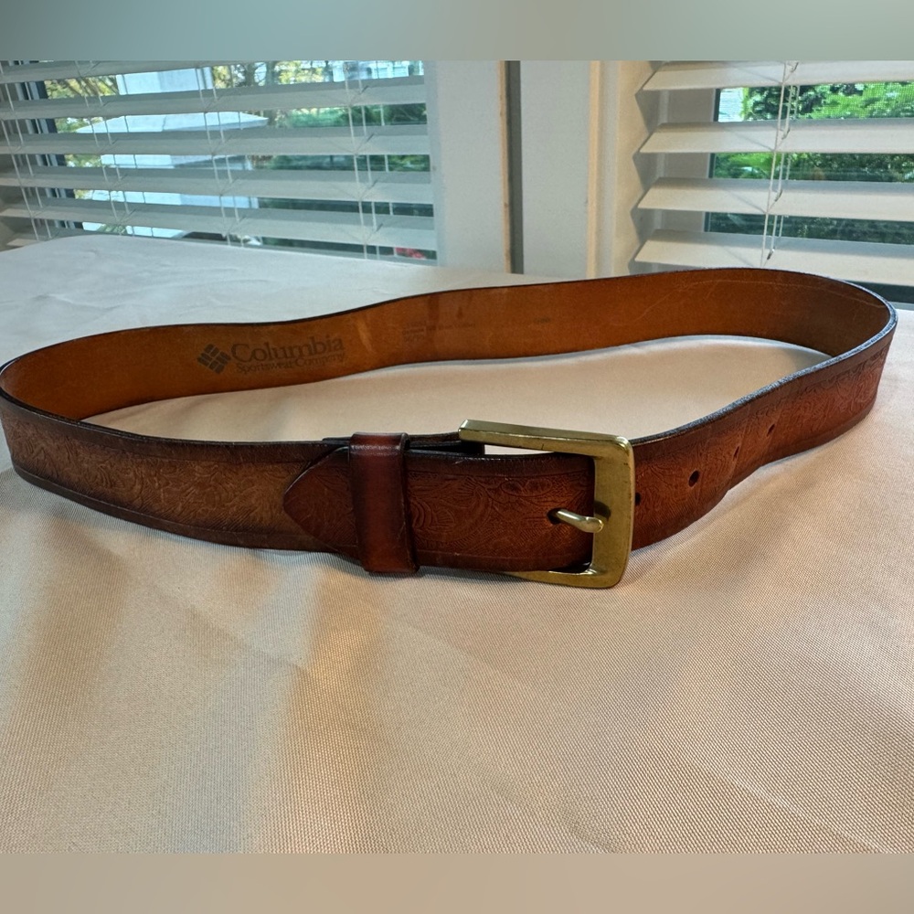 Columbia Full Grain Leather Belt Brass Buckle Western Floral 36/90 Unisex boho